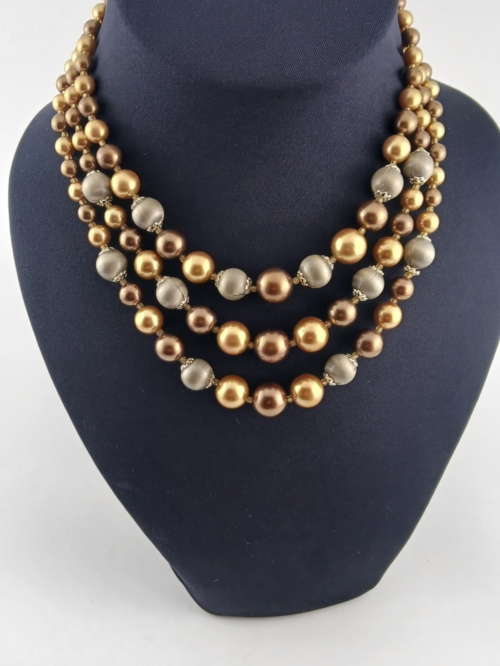 Vintage Signed Japan Silk Olive Green Coffee Cream Harvest Mult-Strand Necklace